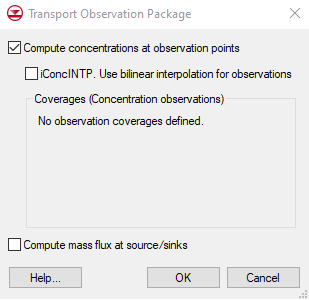 The MT3D Transport Observation Package dialog.