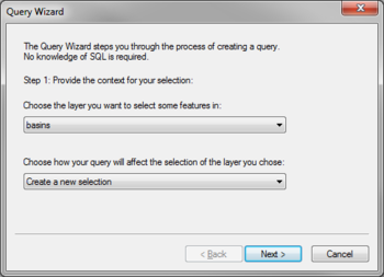 GIS Query Wizard first step.